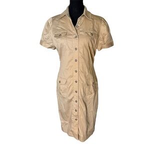 JONES NEW YORK Khaki Safari Button Down Dress Knee Length Belt Pocket Petite 12P